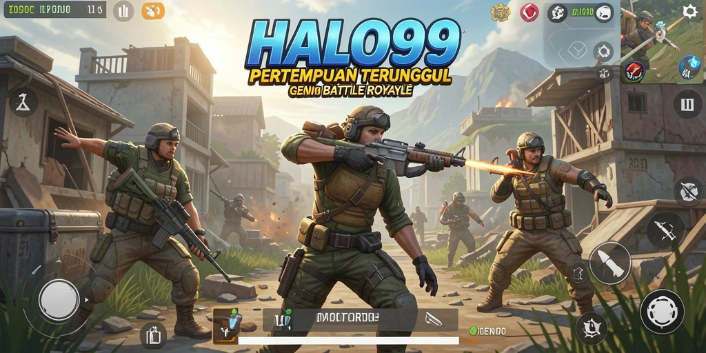 Tangkapan layar utama HALO99 yang menunjukkan pertempuran intens Battle Royale.