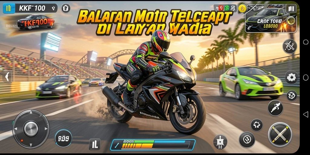 Gambaran gameplay seru dalam KPK100 dengan balapan motor yang menegangkan.