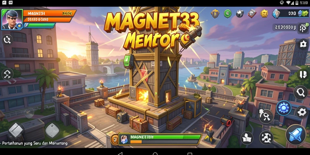 Screenshot dari gameplay MAGNET33 menunjukkan aksi menara mempertahankan basis.